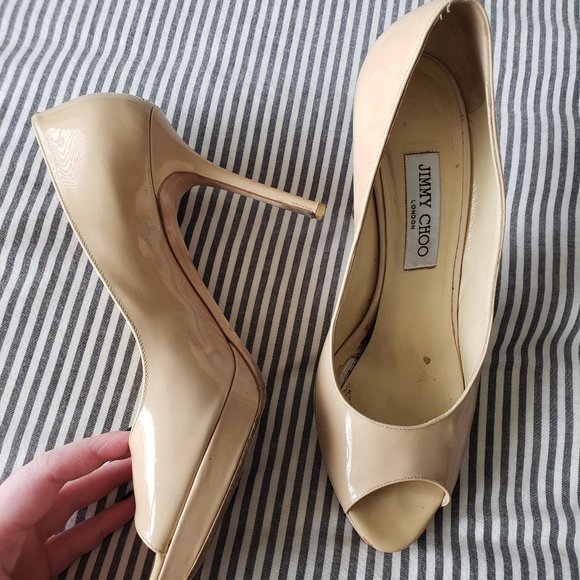 Jimmy Choo Shoes - JIMMY CHOO Beige Luna Nude Patent Peep Toe Pumps